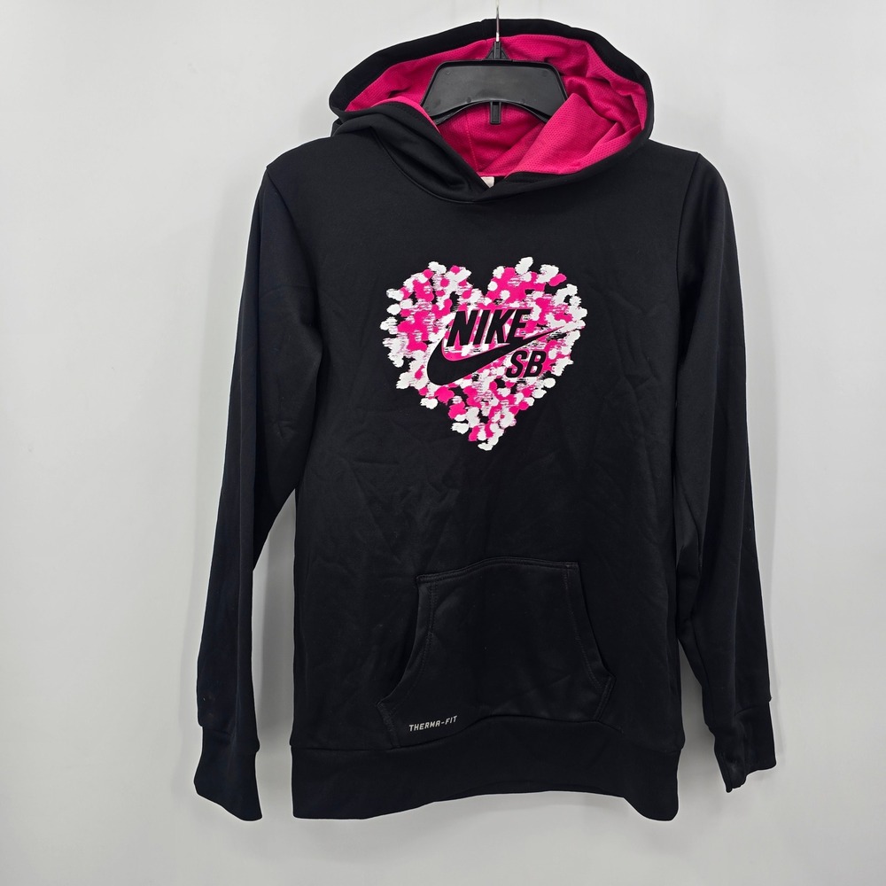 Nike SB Hoodie Kids XL Black Pink Heart Logo Pullover Sweatshirt Therma-FIT